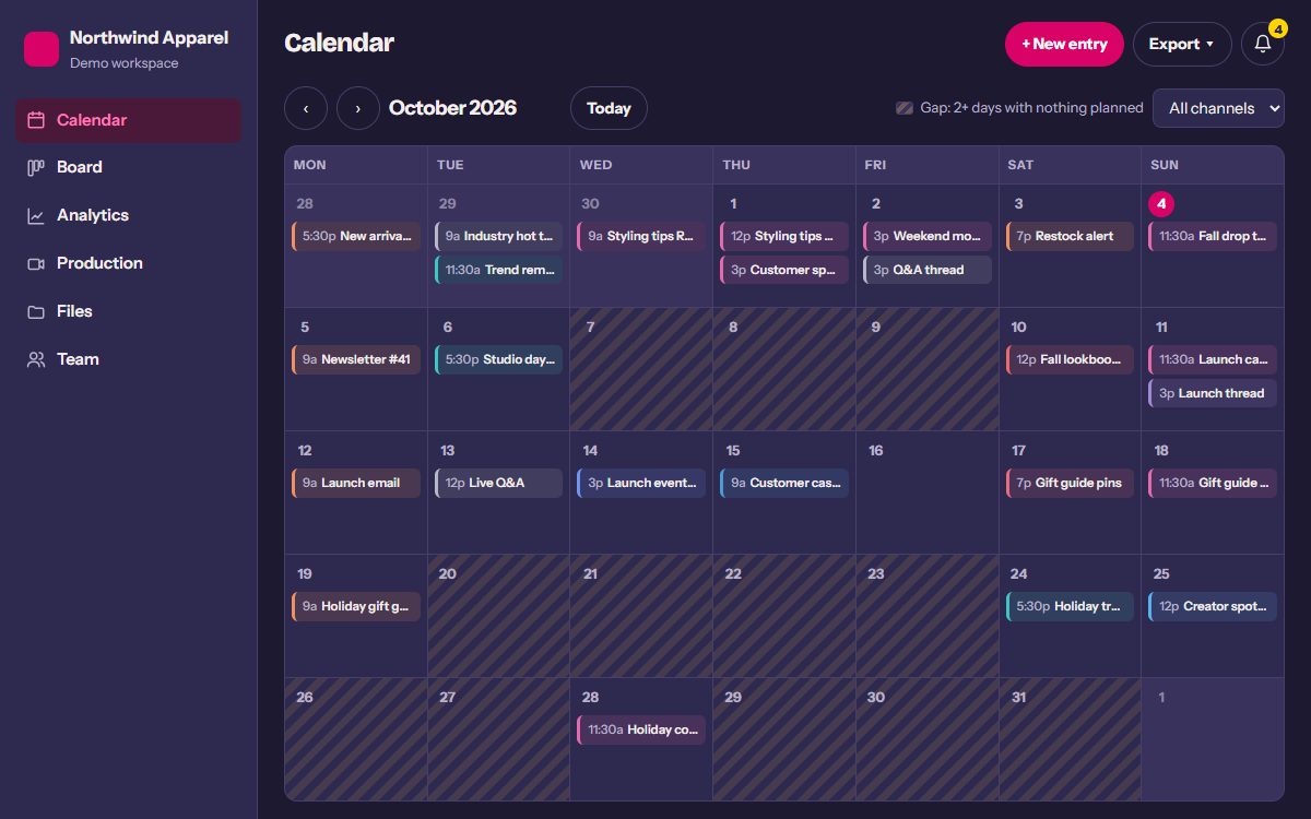 The Campaign Span demo workspace in dark mode: a month calendar of planned social and email posts, with gaps in the plan shaded