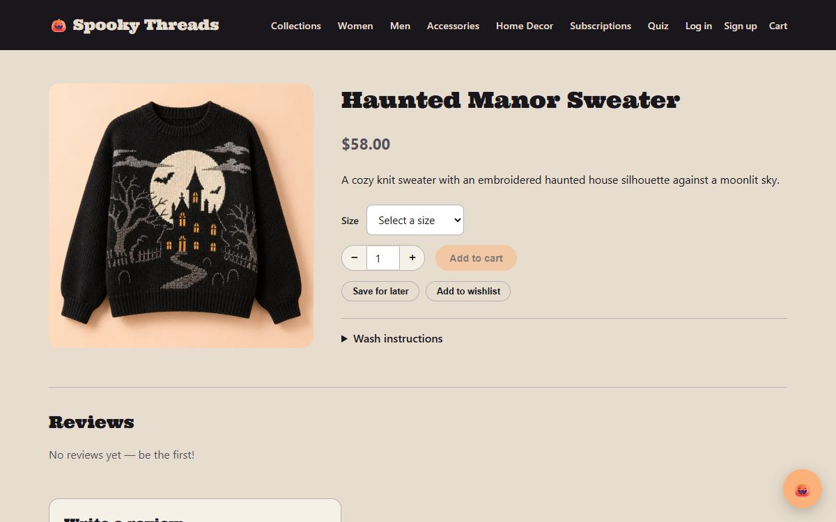 A Spooky Threads product page: the Haunted Manor Sweater with its photo, price, size picker, add to cart, save for later and wishlist buttons